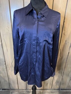UNTUCKit Navy Satin Button-Front Blouse